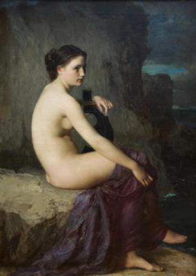 photograph “« Elegy » (1868), Philippe Parrot (1831-1894)” par David Farreny — www.farreny.net — Musée des Beaux-Arts, Bordeaux, France, Aquitaine, Gironde, peinture, painting, tableau, XIXe siècle, 19th century, art, Élégie, Elegy, jeune femme, young woman, nu, nude, nue, naked, voile, veil, rocher, rock, musique, music, instrument, lyre, lyra, classicisme, classicism, Philippe Parrot, femme, woman, jeune fille, girl